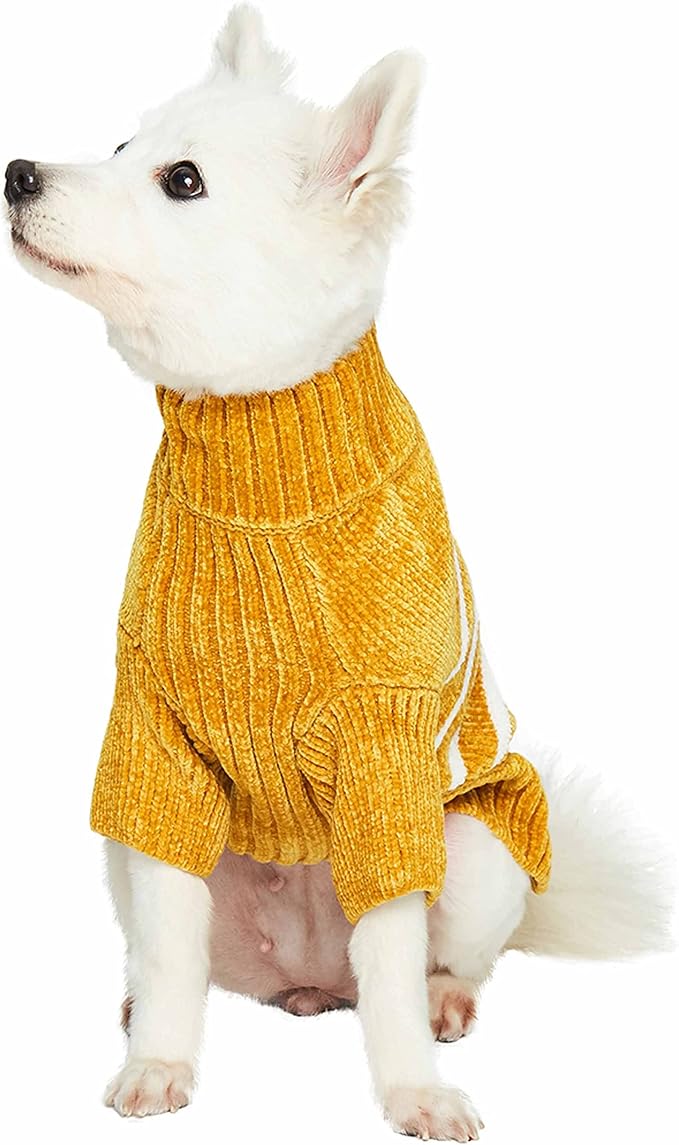 Blueberry Pet Cozy Soft Chenille Classy Striped Dog Sweater in Mustard, Back Length 10", Pack of 1 Clothes for Dogs