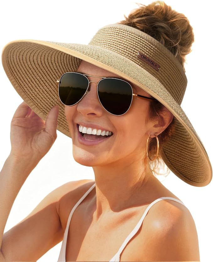 FURTALK Womens Sun Hat with Ponytail Hole Wide Brim Beach Straw Visor | Foldable & Packable for Beach Vacations, Adjustable Fit for Messy Buns, Detachable Windproof Strap, Sweat-Wicking Inner Band