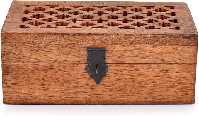 Mango Wood Decorative Wooden Box with Hinged Lid Wooden Storage Box, Decorative Bo xes With Lids (8" x 5" x 3")