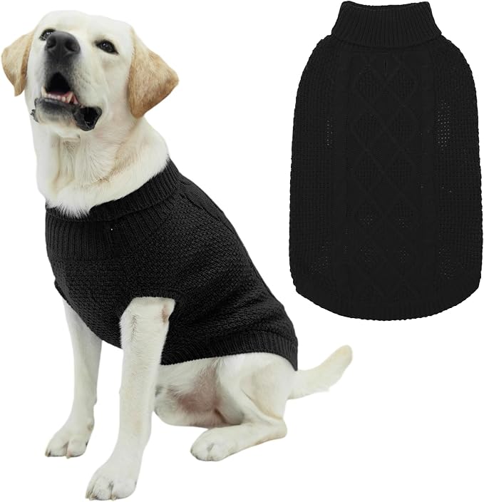 Mihachi Turtleneck Dog Sweater - Winter Coat Apparel Classic Cable Knit Clothes with Leash Hole for Cold Weather, Ideal Gift for Pet in New Year Black Medium