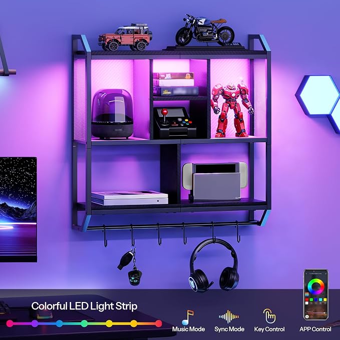 HOOBRO Gaming Floating Shelves with LED Lights, 28.7" LED Wall Mounted Shelf, 3-Tier Display Rack for Wall Storage, Floating Rack with Hanging Rod and 6 S-Hooks, for Gaming Room, Black BB70DBJ01