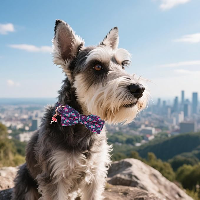 ADOGGYGO Flamingo Dog Collar with Bow Tie, Summer Hawaiian Collar, Small