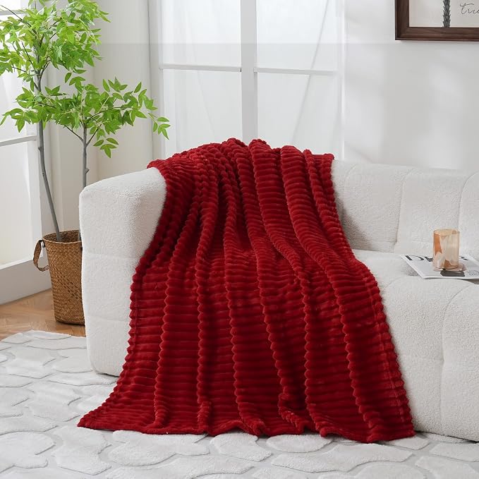 Red Fleece Throw Blanket 90”×90” for Couch Sofa Livingroom | Super Soft Cozy Plush Microfiber Flannel Bed Blanket Striped Design Lightweight Home Decor Gifts for Adults Mom Women