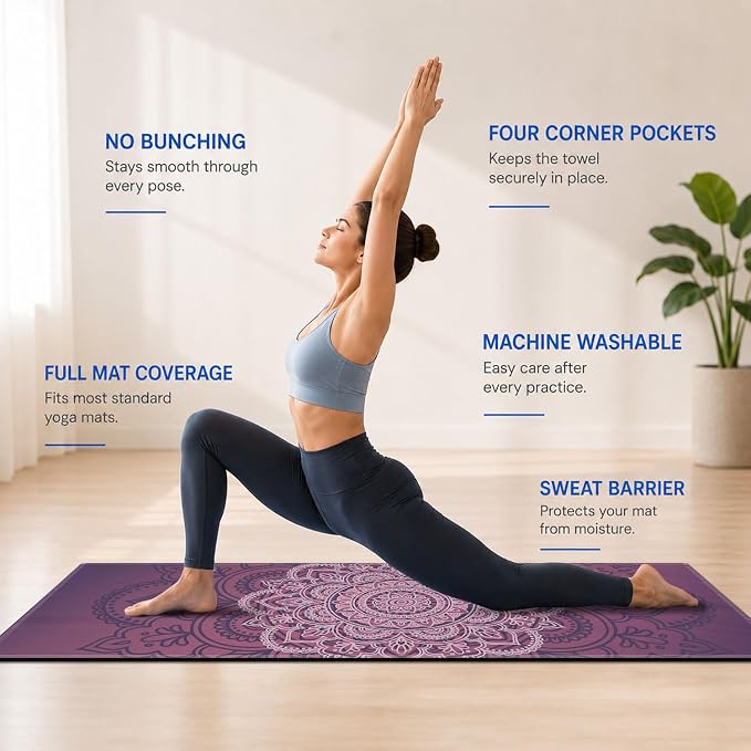 Yoga Mat Towel, Hot Yoga Non Slip with 4 Corner Pockets, 70 x 26 in | Soft Absorbent Microfiber With Four Corner Pockets, Fits Over Yoga Mats For Hot Yoga, Pilates, Gym, And Travel