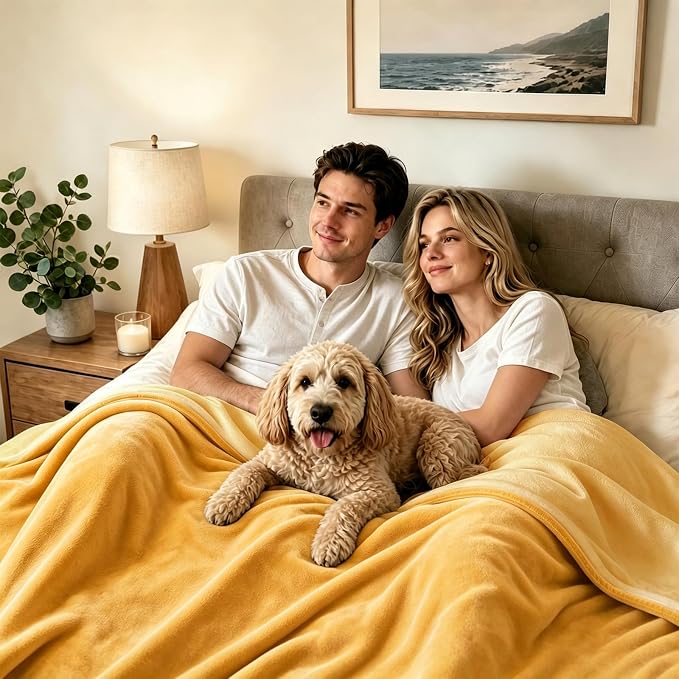 LOOBANI Yellow Waterproof Blanket for Bed, Flannel King Size 85"x108" | Double-Side Leak-Proof, Reversible, Stain-Proof Cover for Sofa Bed Protection, Ideal for Rest Movie Time, Camping, Travel
