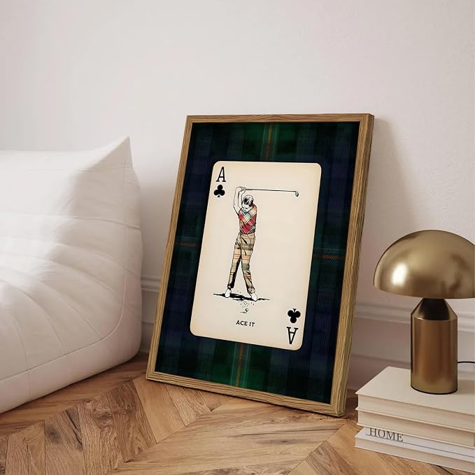 Vintage Golf Wall Art, Playing Card Golfer Sports Wall Decor Paintings Retro Navy Plaid Canvas Prints Picture for Bedroom Living Room Man Cave Country Club 16x24 inch Wood Framed
