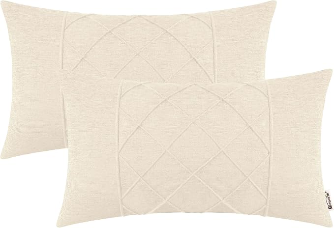 BRAWARM Chenille Throw Pillow Covers 12x20 Inches, Cream, 2 Pack | Decorative Lumbar Pleated Pillow Covers, Soft Cushion Cases for Sofa Bed Living Room Home Farmhouse (No Insert)
