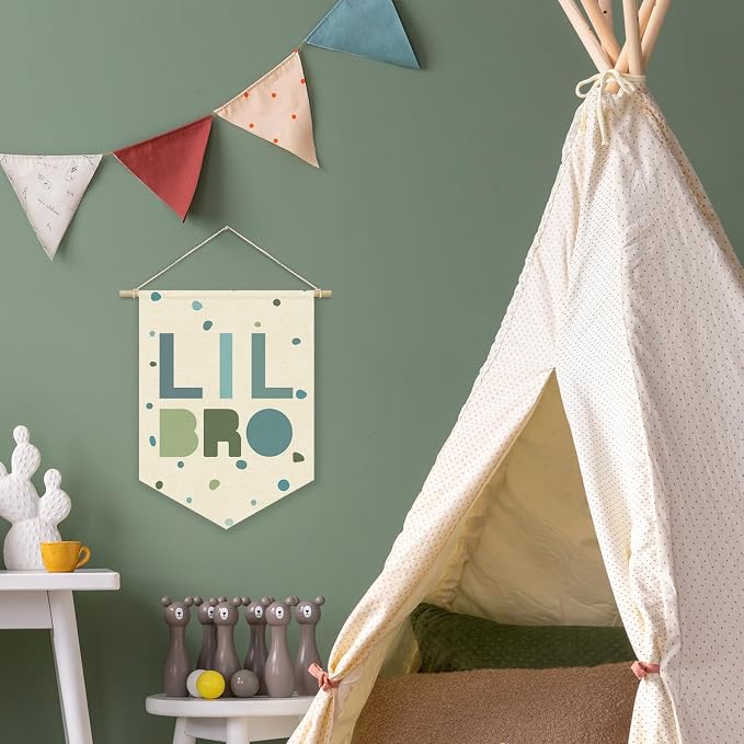 Boy Nursery Decor Canvas Banner, Brothers Playroom Wall Art Decorations, Boho Twin Room Sign, Lil Bro Big Bro, Sage Green Blue Kids Room Sibling Wall Hanging Pennant Flag Banner