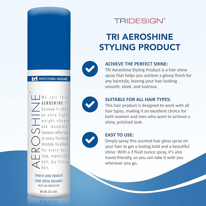 TRIDESIGN Aeroshine Styling Product - Premium Hair Gloss Spray for All Hair Types, Versatile Shine Spray for Men and Women, Strong Hold Finish, Travel Size, Perfect for Any Hairstyle - 3 Fl Oz