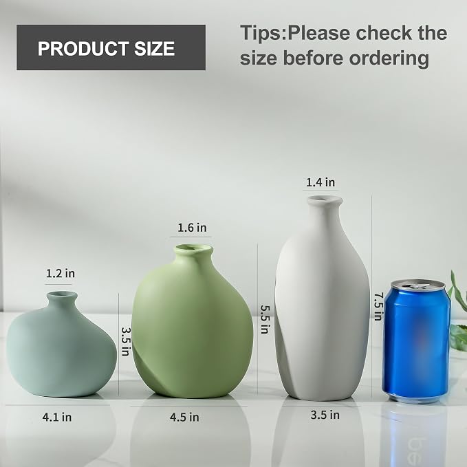 Small Ceramic Vase Set of 3, Modern Neutral Decorative Pottery Vases | Three different shapes with soft matte colors, perfect for shelves, tables, dried flowers and home styling.