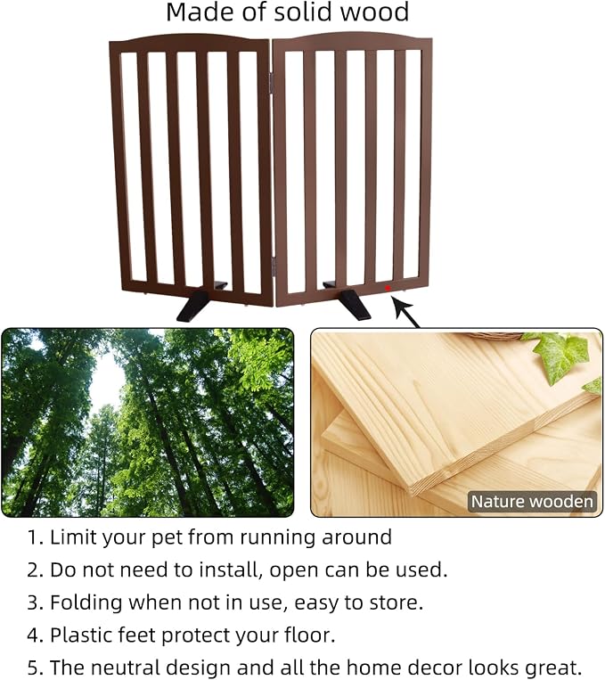 ZJSF Foldable Freestanding Indoor Dog Gate for House Wood Long Pet Gates Dog Fence for Stairs Puppy Gates for Hallways, Puppy Gate,Support Feet Included, Brown, 32 "Height-2 Panels