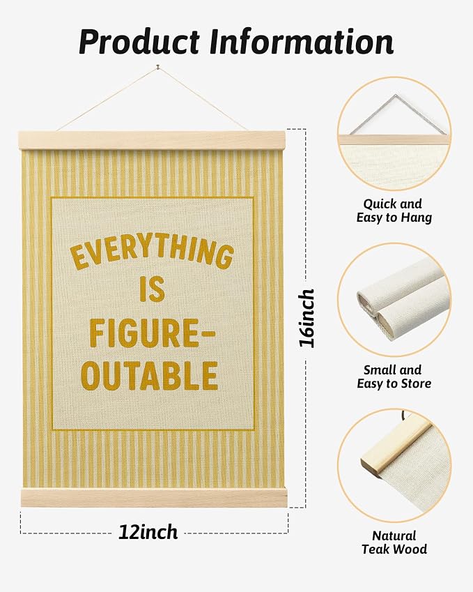 FGFK Everything Is Figureoutable Positive Affirmations Wall Art Poster Hanger Frame, Retro Yellow Inspirational Canvas Prints Framed Wall Decor for Office Classroom Home Bedroom, 12x16 Inch
