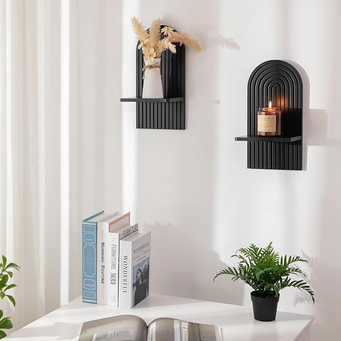 Black Wall Candle Holder: Wood Arch Candle Sconces Set of 2 | Modern Minimalist Shelf, with A Location Board Slot, for Plants Pillars, for Hallway Fireplace Bedroom
