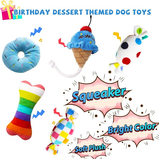 lilfrd 9Pcs Blue Dog Birthday Toy Set, Squeaky Hat Bandana Gift for Dogs