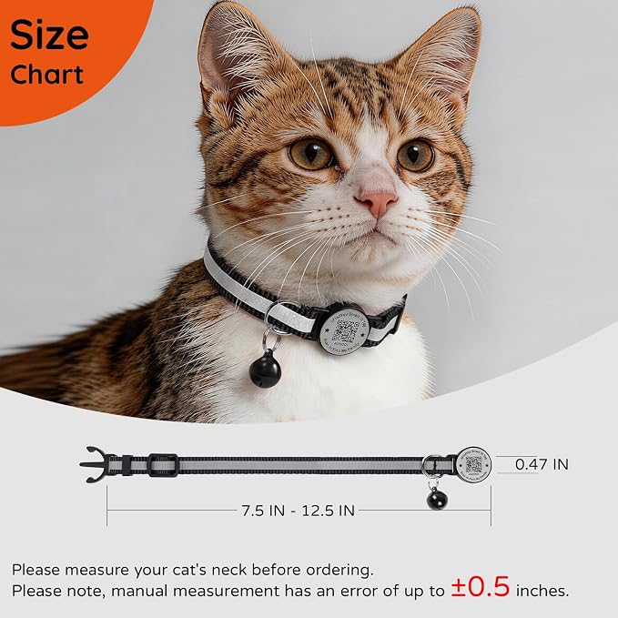 Breakaway Cat Collar QR Code, Reflective Bell, Adjustable Kitten Black 2pk