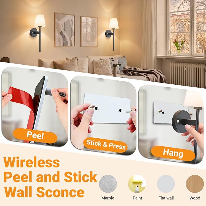Nekhung Battery Operated Wall Sconce, Peel and Stick Sconces Set of 2 | Wireless Adhesive Stick On Wall Sconce, 10000mAh Rechargeable RGB Bulb with Remote, No Drill Wall Light for Bedroom Decor