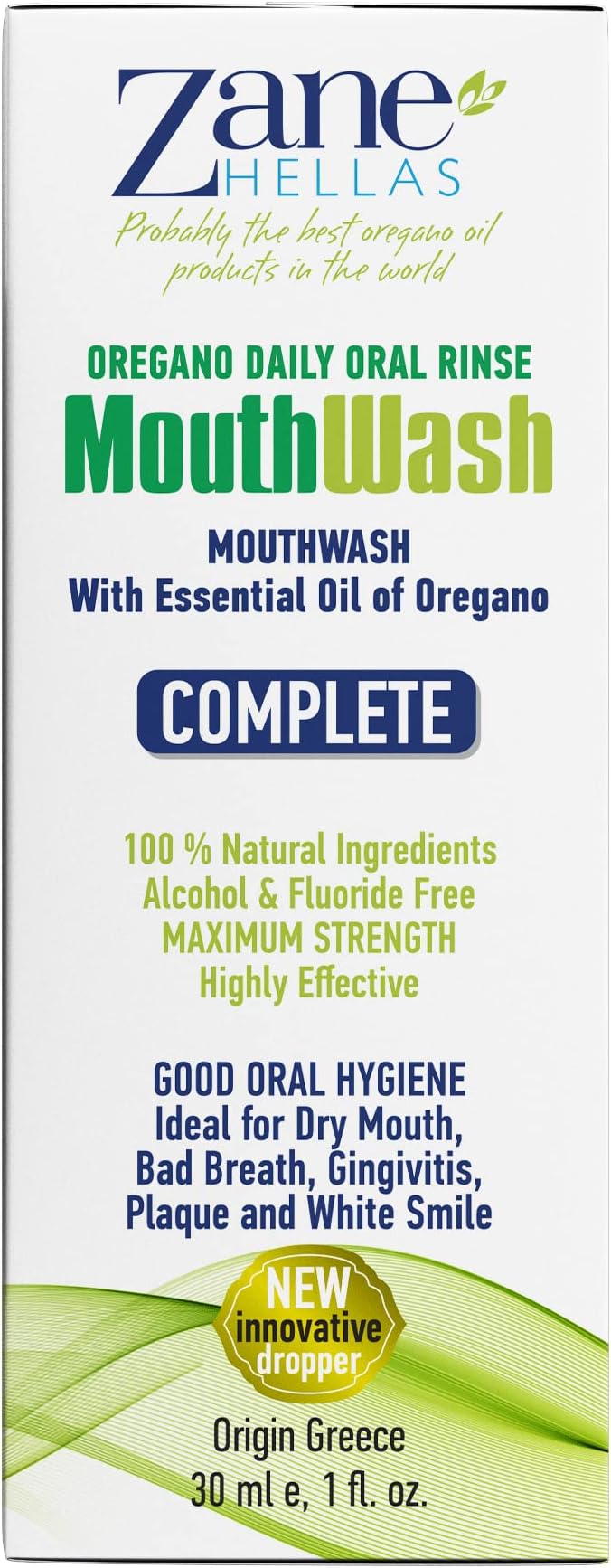 Zane Hellas MouthWash. Oral Rinse with Oregano Oil Power. Ideal for Gingivitis, Plaque, Dry Mouth, and Bad Breath. Alcohol and Fluoride Free. 100% Herbal Solution. 2 fl.oz.-60ml.