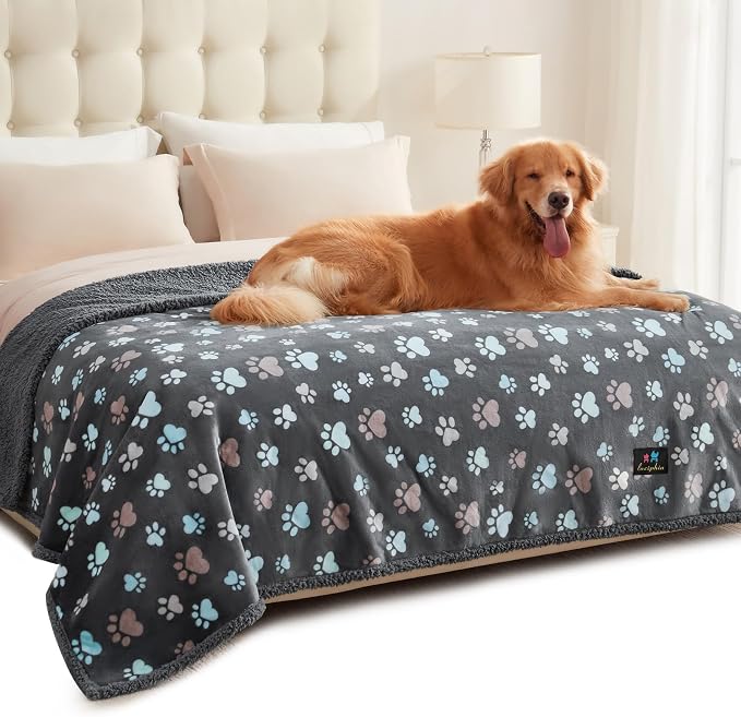 Luciphia Waterproof Dog Blanket Reversible Sherpa Fleece for Large Dogs Cat | Soft Print Pet Blanket Washable Pee Proof, Furniture Protector for Couch Sofa Bed Car, Cozy Throw(85" x 57", Grey)