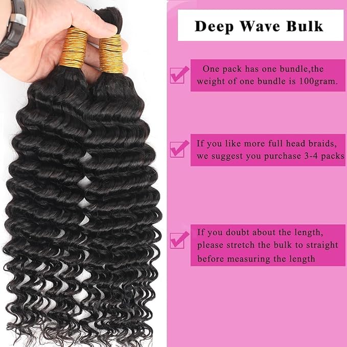 Human Braiding Hair for Boho Braids 16inch Deep Water Wave Bulk Human Hair Extensions for Braiding No Weft Brazilian Virgin Curly Loose Deep Wave Bulk Wet and Wavy 1 Bundle 100g Natural Black