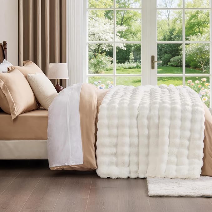 BEDELITE Faux Fur Throw Bubble Blanket for Couch, 50" x 60", Cream | 870GSM Soft Cozy Plush Blanket for Sofa & Bed Living Room Decor, Warm Fuzzy Faux Rabbit Fur for Women Gift, All Season Use