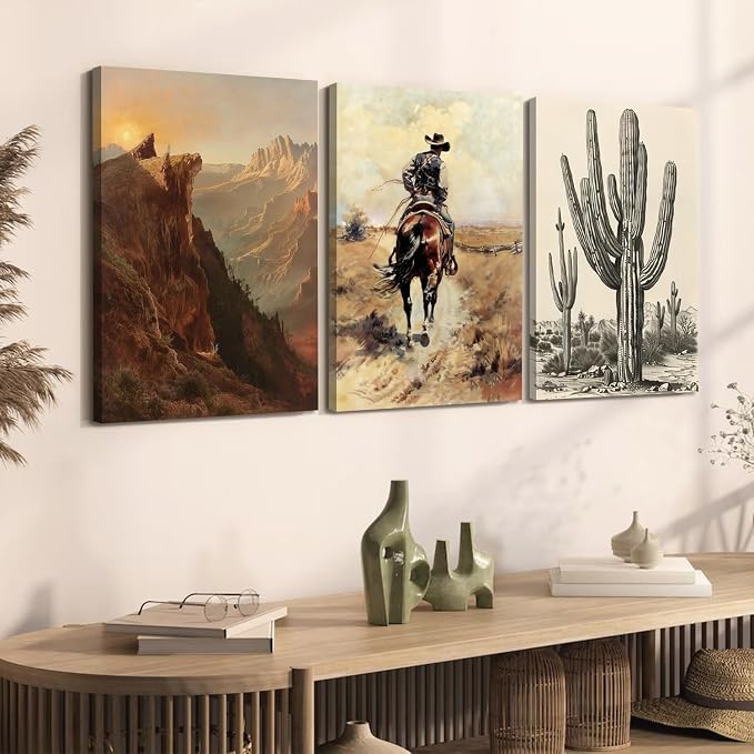Western Cowboy Wall Art Set of 3, Vintage Southwestern Wall Decor Painting, Western Ranch Desert Farmhouse Poster Canvas Prints Aesthetic Pictures for Bathroom Bedroom Living Room Framed 16x24 inch
