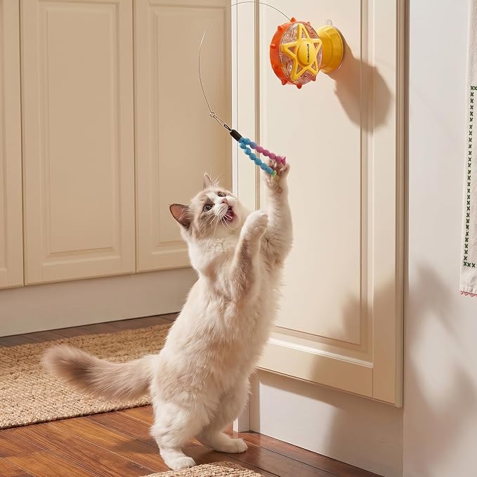 Interactive Cat Toy for Indoor Cats, Ferris Wheel Cat Treat Dispenser Teaser Wand & Suction Cup Base, w/Spoon, Puzzle Feeder Toy for Exercise, Mental Stimulation, Slow Feeding
