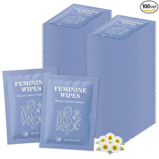 Feminine Wet Wipes Bulk, Individually Wrapped Period Intimate Wipe 100 Pack | Travel Size Personal Hygiene Female Private Parts Cleansing Wipe Butt for Women Girls Daily Travel Bathroom Essential