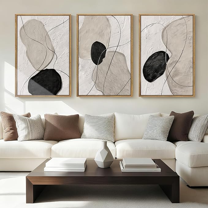 ANHUIB Neutral Abstract Wall Art Canvas,Mordern Geometric Wall Decor Framed,Contemporary Minimalist Artwork, Black Beige Canvas Prints, 3 Piece 16 * 24IN Painting for Living Room Bedroom Office