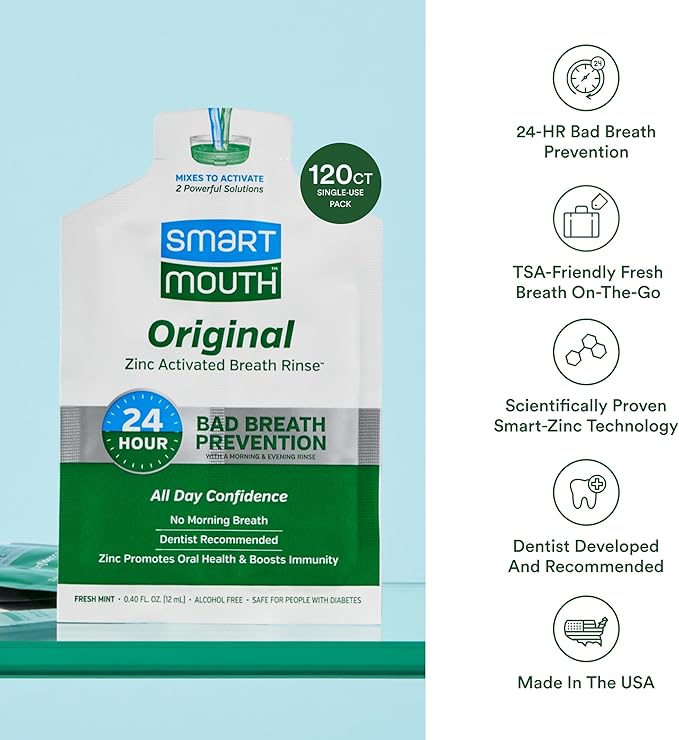 SmartMouth Original Activated Mouthwash Single Packs, Travel Mouthwash, Fresh Mint, 120 Pack