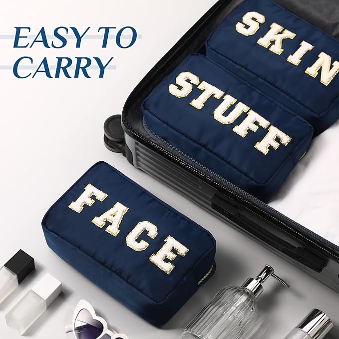 Preppy Makeup Bags Chenille Letter Stuff Bag Nylon Cosmetic Pouch Cases with Zipper for Women Travel Toiletry(Dark Blue,Classic,4 Pcs)