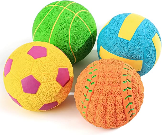 SCHITEC Squeaky Dog Toys, 4 Pack Latex Sports Balls for Mini Small Puppies