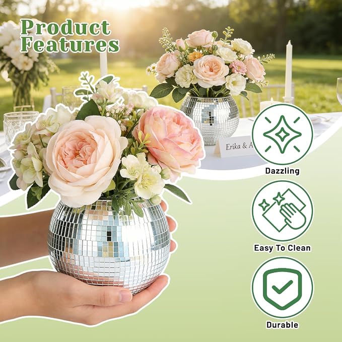 Disco Ball Vase Mirrored Ball Plant Holder Silver Mosaic Glass Disco Planter Centerpiece Decorative Discos Balls Vase Ideal for Weddings,Parties,Birthdays,Celebrations Disco Table Decor (5“ x 6”)