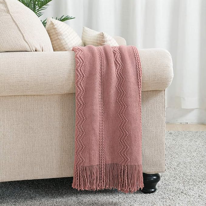 BOURINA Coral Pink Throw Blanket 50x90Inch Boho Knit Soft Throw Bed Blanket | Knitted Throw Blanket 50x90 Inches, Soft Lightweight Boho Weave Throw Decorative Couch Blanket for Living Room Bed Runner