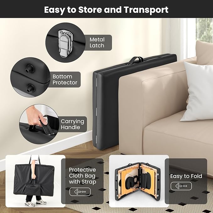 Giantex Massage Table, Portable Massage Bed w/Carrying Case, 2-Section Salon Spa Facial Care Tattoo Bed, Height Adjustable, Wood Frame, Professional Massage Lash Bed for Eyelash Extension (Black)