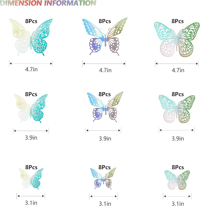 SAOROPEB 3D Butterfly Wall Decor, 72 Pcs 3 Styles 3 Sizes, Removable Metallic Wall Sticker Room Mural Decals for Kids Bedroom Nursery Classroom Party Decoration Wedding Decor DIY Gift (Laser) | 3 Styles 3 Sizes, Removable Metallic Wall Sticker Room Mur...