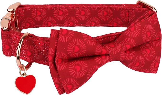 ADOGGYGO Valentine Dog Collars with Bow, Detachable Heart Sunburst Print Bowtie, Metal Buckle, Adjustable Valentine Collars for Medium Dogs Boy Girl (Medium)