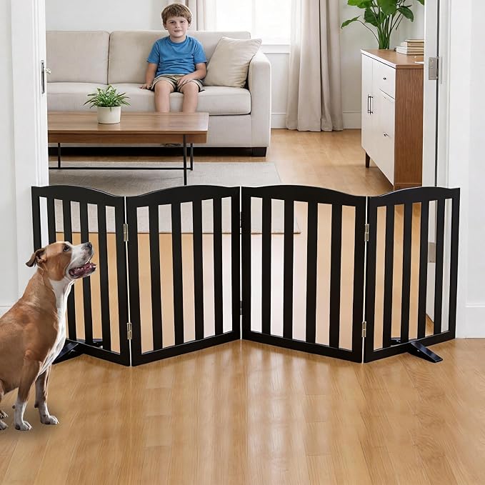 ZJSF Foldable Freestanding Indoor Dog Gate for House Wood Long Pet Gates Dog Fence for Stairs Puppy Gates for Hallways, Puppy Gate,Support Feet Included, Black, 24 "Height-4 Panels