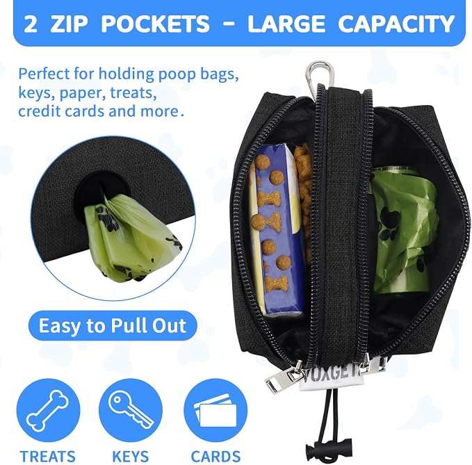 Dog Poop Bag Holder with Treat Pouch, 2 Zipper Pockets & Leash Clip