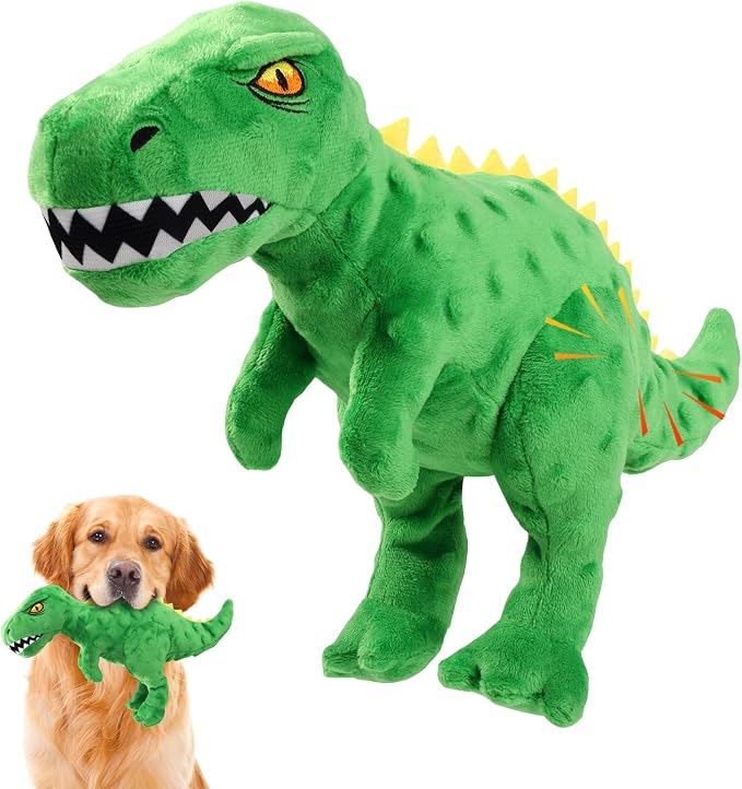 Plush Squeaky Dog Toy, Stuffed Dinosaur Interactive Chew Toy for Puppies Small Medium Dogs, Keep Them Busy & Anxiety Relief Cuddle Toy