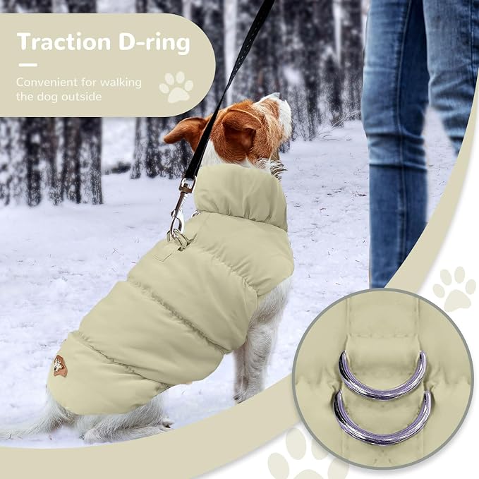 ABRRLO Winter Warm Dog Jacket for Small Medium Dogs Cat Cold Weather Coats with Harness Paded Dogs Fleece Vest Waterproof Windproof Dog Snow Jacket Pet Puppy Clothes (Khaki,M)