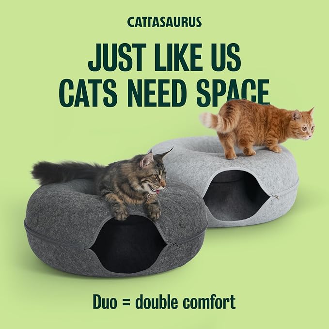 Peekaboo Cat Cave Duo Jumbo Set, Extra Spacious Cat Donut for Multiple & Large Kitty 15+ lbs, Scratch Detachable Cat Beds for Indoor Cats, Washable Cat Tunnel Bed, Best Kitten Toys