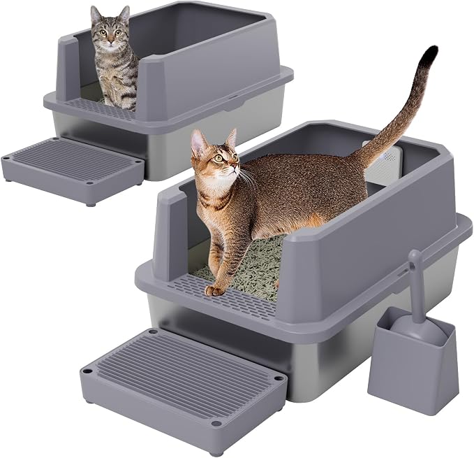 RIZZARI Stainless Steel Litter Box: Leakproof 2-Pack High Walls for Cats | 6.5" Anti-Spill Walls / Dual Filtering Holes / 304 Non-Absorbent Base / Teflon Easy-Clean / Built-In Deodorizer