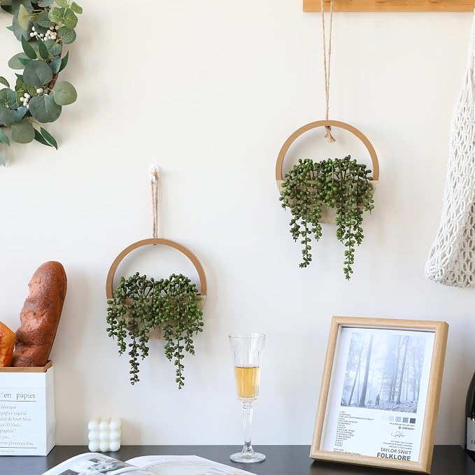 2pcs Artificial Succulents Hanging Plants 20.1'' Fake String of Pearls in Pot with 9.4'' Lanyard for Indoor Outdoor Wall Decor（Wood Color）