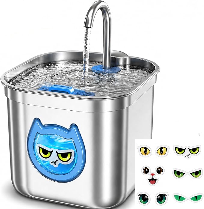 Homtyler Luxury Automatic Cat Water Fountain for Pets, 2.2L/74oz Stainless Steel Dog Water Dispenser with Filter, BPA Free & Silent, Featuring LED Light, Easy Clean & Cat View Window