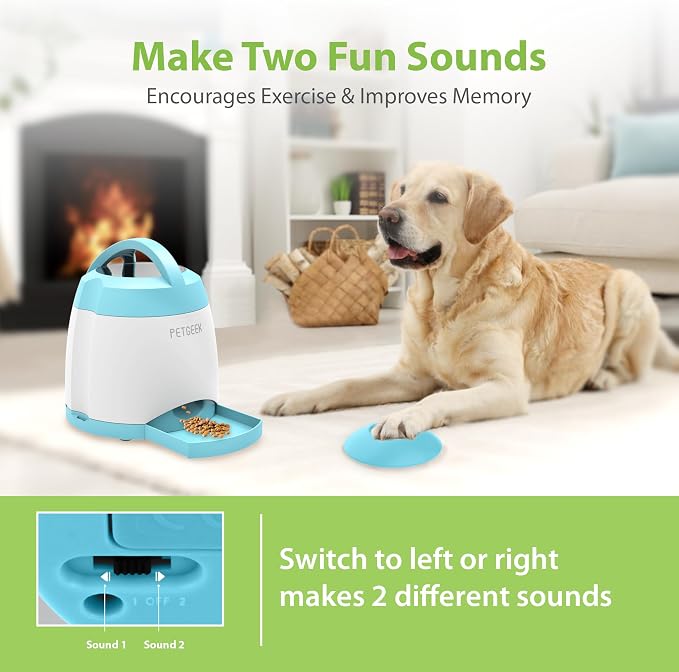 PETGEEK Automatic Dog Treat Dispenser, Interactive Pet Toy Food Dispensing for IQ Training, Dog Food Dispenser with Button Remote Push, Dual Power Supply for Indoor Outdoor Use, Blue | Automatic Food Dispenser Blue Color, Dual Power Supply, Remote Butt...