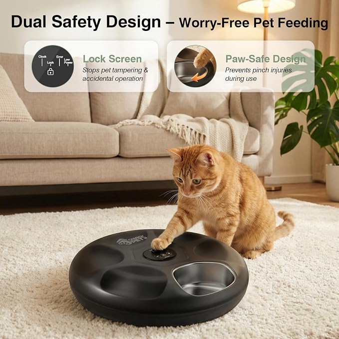 Ownpets 6 Meals Automatic Cat Feeder for Wet/Dry Food, with 2 Ice Packs, Programmable Timed Pet Feeder, Cordless Rechargeable Battery Auto Feeder for Cats/Small Dogs (Black)