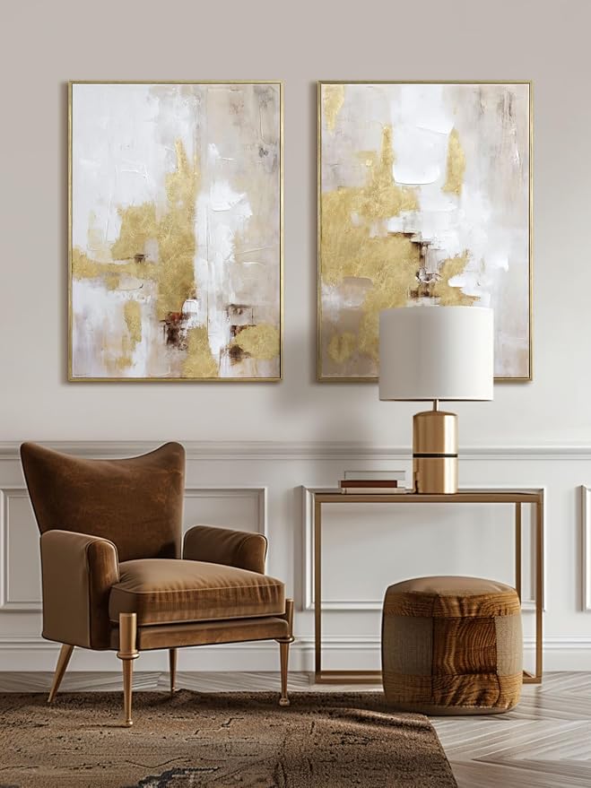 Zessonic Gold and Beige Abstract 3D Textured Foil Wall Art, 20"x28"x2 | Framed Abstract Prints wall decor with Hand-Painted Texture–Neutral Tone Artwork for Living Room Bedroom Office Hallway Decor
