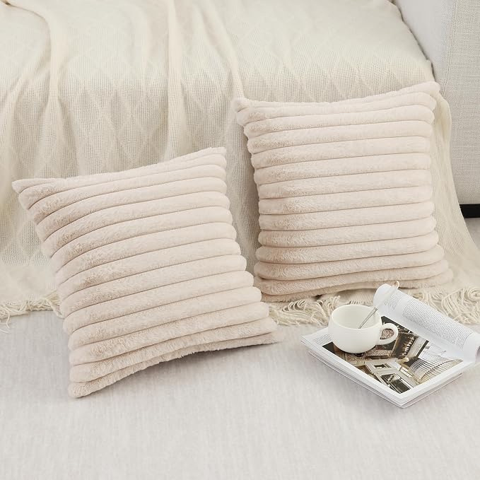 Pallene Faux Fur Decorative Throw Pillow Covers 26x26 Set of 2, Apricot | Luxury Plush Texture, Striped Design, Cozy Soft Touch, Modern Home Accent Decor for Couch, Sofa, Bed, Living Room