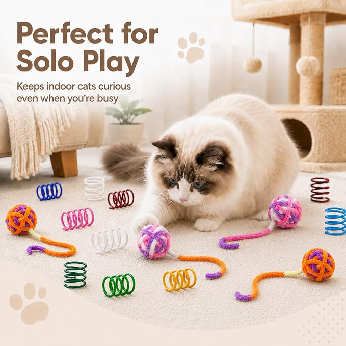 Cat Toys for Indoor Cats, 4 Yarn Balls with Tails & 12 Colorful Springs