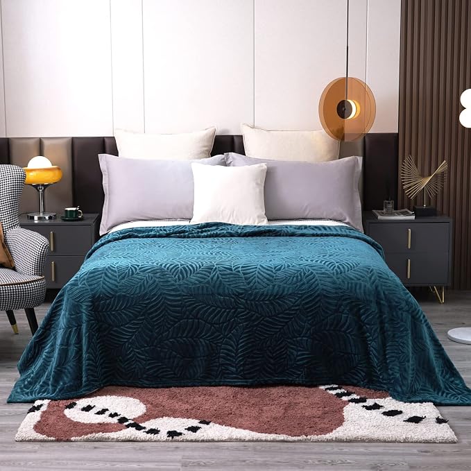 Super Soft Flannel Fleece Bed Blanket, 90 x 90 Inches, Blue Coral | Lightweight Cozy Warm Leaves Textured Plush Blanket as Bedspread Coverlet Bed Cover for All Seasons